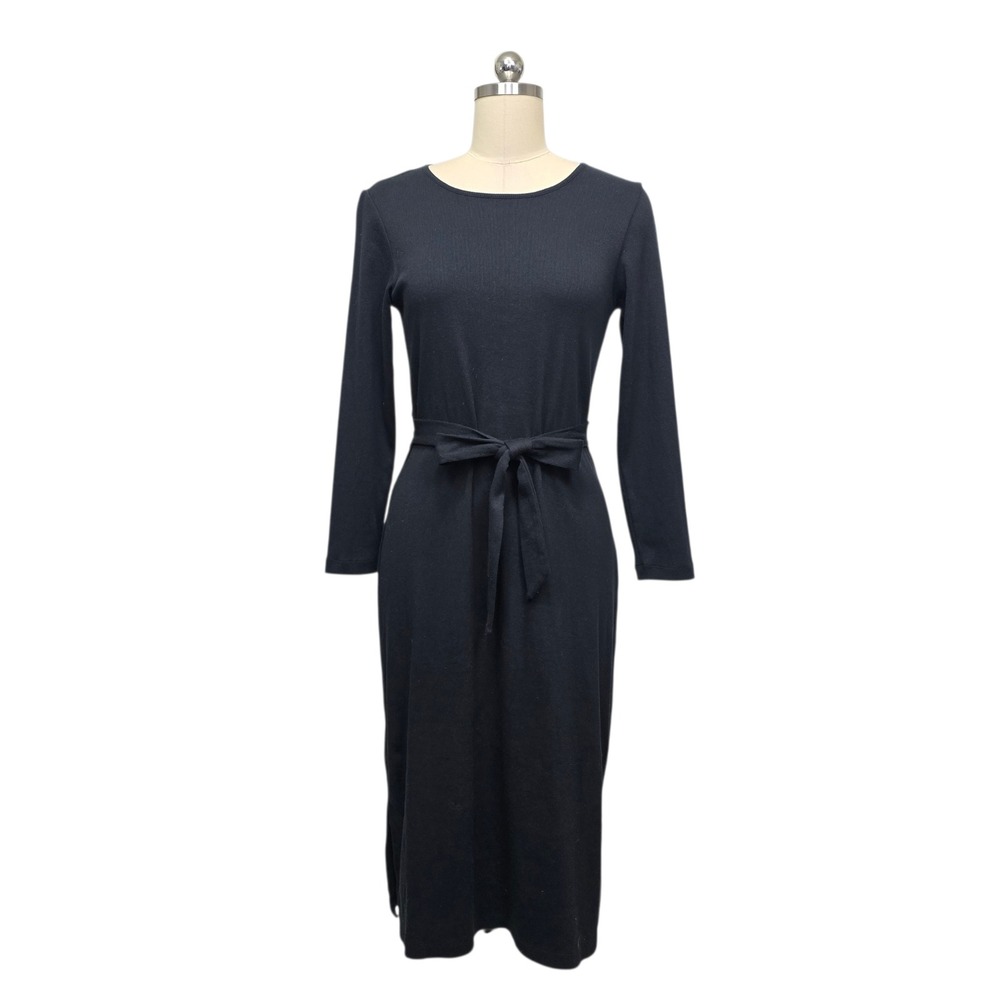 Carve Designs Black Ribbed Organic Cotton Midi Dress Tie Waist Long Sleeve Small